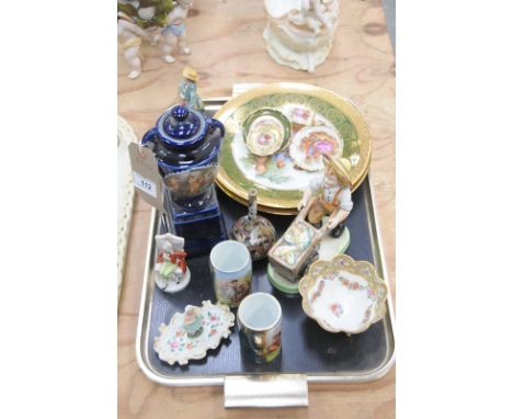 A Tray of decorative figures and ornaments, continental wall plates, Noritake dish, etc.