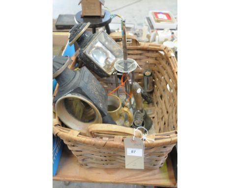A Wicker basket, vintage trap lamps, stoneware jug, hand bell, Victorian ceramic tiles, etc