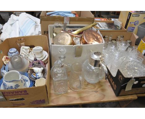 A Qty of decorative china and glassware including a Ba Carat cognac bottle, plated mounted glass jug, decanter, a brass Corin