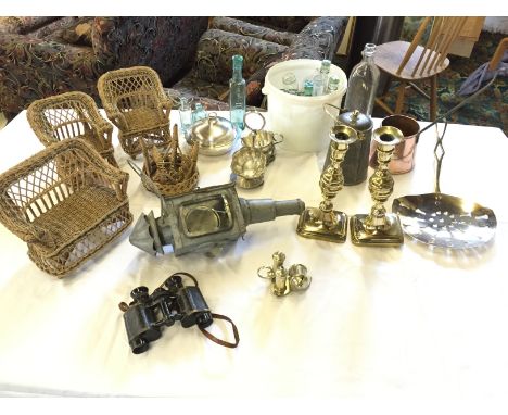 A selection of items including doll's wicker furniture a carriage light and old bottles.