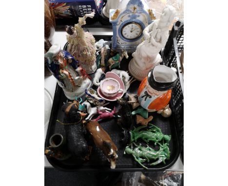 A tray of decorative ornaments, china mantle clock, Staffordshire figure etc 