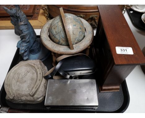 A tray of decorative mantle clock, globe on stand etc 