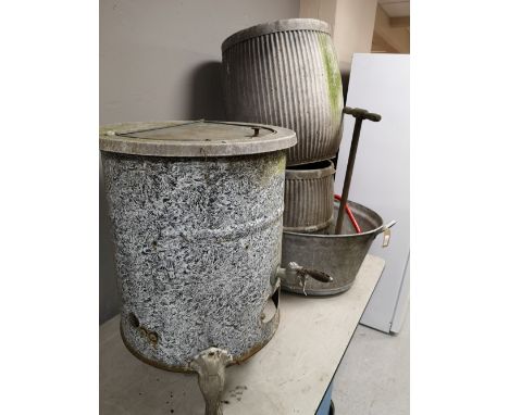 Four items of galvanised metal - boiler, tin bath, poss stick etc 