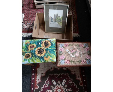 Two tapestry topped stools and a print 