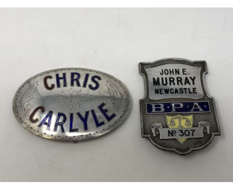 Two scarce silver and enamel bookmakers plates; John E. Murray Newcastle and Chris Carlyle (2)
