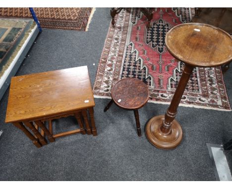 An oak nest of tables, stool and a plant stand