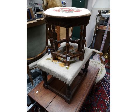 An oak footstool together with a tapestry topped stool 
