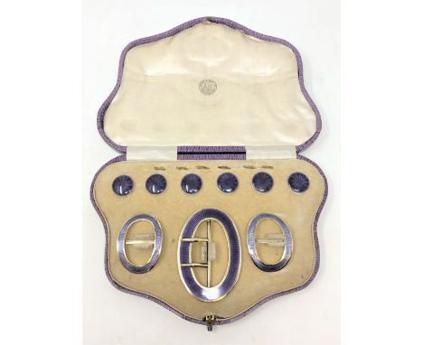 A fine quality cased silver gilt and purple enamel buckle, pair of shoe buckles, and six buttons, Birmingham 1908. 