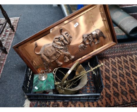 A copper picture modelled as elephants, brass fire companion items, glass light shade 