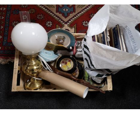 A box of books, china, brass and glass lamp etc 