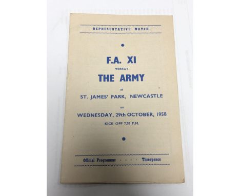 A scarce St. James' Park programme, F.A. XI versus The Army, Wednesday 29th October 1958