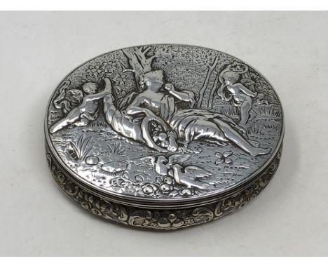 A good quality oval silver scenic trinket box, possibly Dutch, also marked for Birmingham 1903