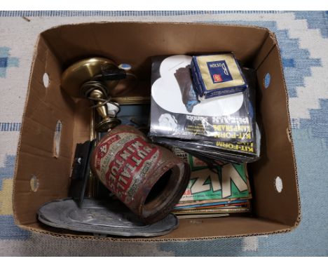 A box of vintage metal tin, brass lamp, kit form Star wars lamp shades  etc 