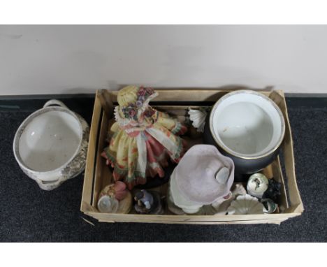 A large ceramic figure of a child holding an apple together with an Adams ware urn etc 