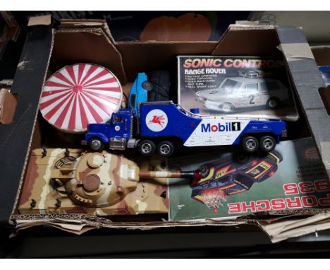 A box of model vehicles, tank, range rover etc 