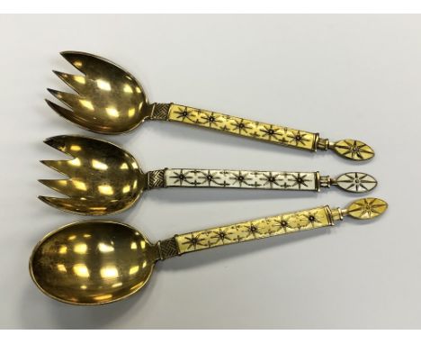 Three fine quality Norwegian silver gilt and enamel serving spoons by J. Tolstrup