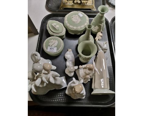 A tray of Wedgwood jasper ware, Nao and Spanish figures 