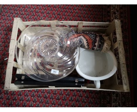 A box of large glass bowl, spoon in case, slipper pan etc 