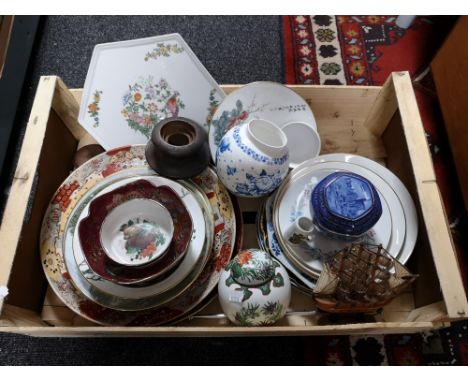 A crate of Ringtons tea caddy, decorative plate etc 