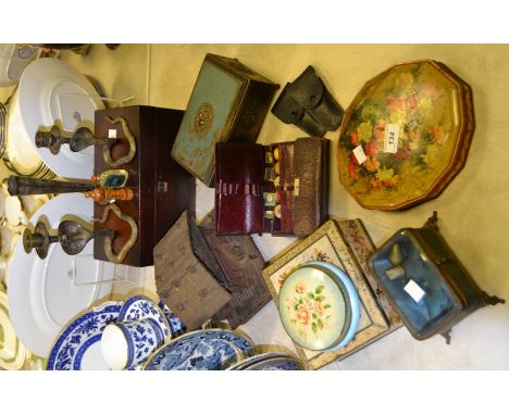 Ephemera - a Victorian mahogany tea caddy; a Victorian table casket(faults), padded interior; a pair of Persian brass candles