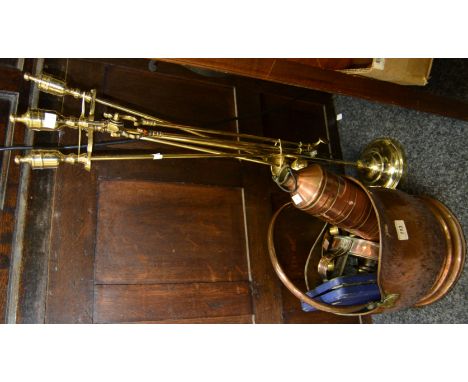 Metalware - a brass fireside companion set; a copper helmet shaped coal bucket; a copper chamber stick; etc; qty