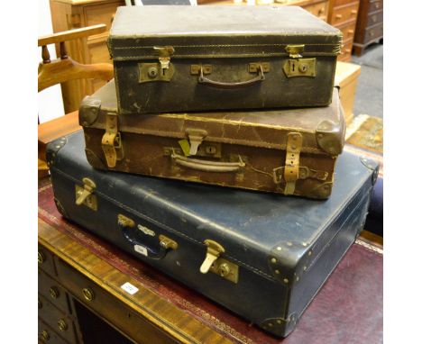 Vintage luggage - a small brown leather suitcase, circa 1930's; others (3)