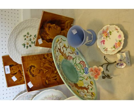 Ceramics - a set of 3 Victorian tiles; Wedgewood jasperware; etc qty