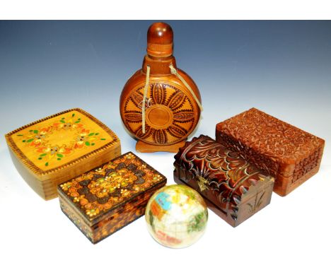 Boxes and Objects- carved boxes, flask, globe paperweight