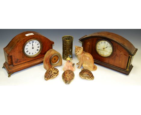 A mahogany mantel clock, satinwood inlay,(faults); another; an alabaster timepiece(faults); shells; a Russian type ceramic mo