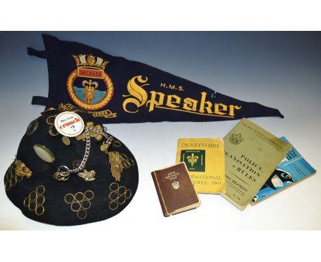 Boxes & Objects - Naval interest,HMS Speaker, penant, Facta Non Verba motto;  Boy scout badges, booklets, enamel badges etc q