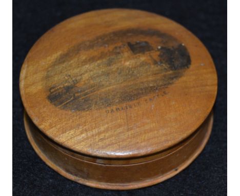 A 19th century sycamore snuff box, transfer printed with a named view of Carlisle Castle