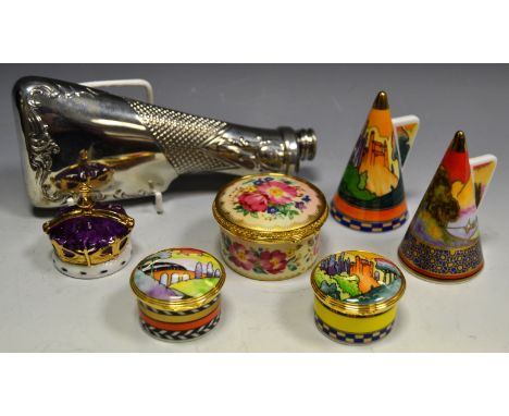 Collectables - Royal Worcester boxed enamel patch box; others; Royal Worcester candle snuffers, boxed; a silver plated hip fl