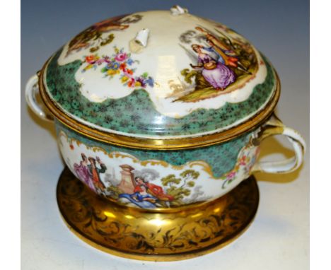 A Continental porcelain twin handled inkwell, domed cover, stepped brass base, chased with scrolling foliage, body and cover 