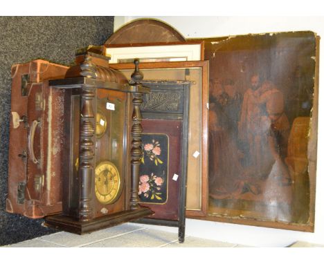 A vintage leather suitcase; another smaller; a mahogany framed mirror, beaded border, bevel glass, c.1930; an oil on canvas, 