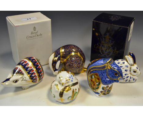 A Royal Crown Derby paperweight, original series Badger, gold stopper, boxed; Debenham's Squirrel, gold stopper, boxed; origi