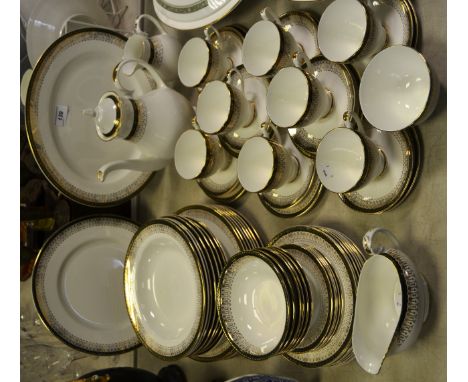 A Royal Grafton Majestic pattern part tea and dinner service comprising of sauceboat; dinner plates, teapot, cups, saucers;  