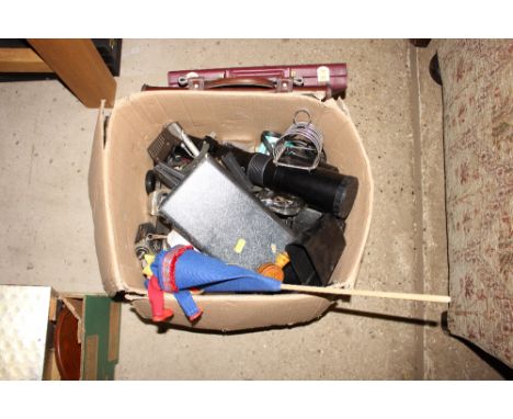 A box containing camera accessories; boxed goblets and various other sundries