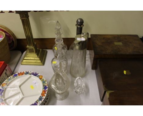 Two 19th Century glass decanters; a silver plate mounted claret jug; one other decanter; a 19th Century glass salt etc.