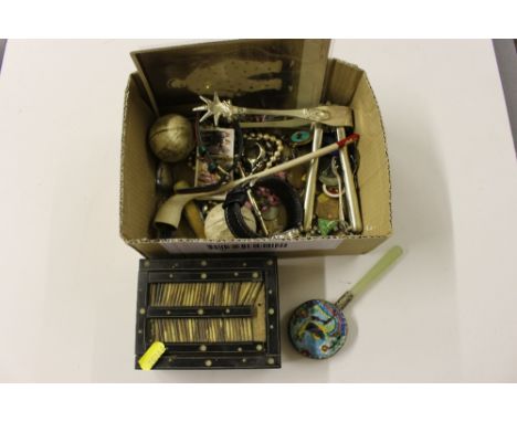 A box containing a small porcupine box; a Thomas Mowbray & Son pocket watch movement; a clay pipe; wrist watches; costume jew