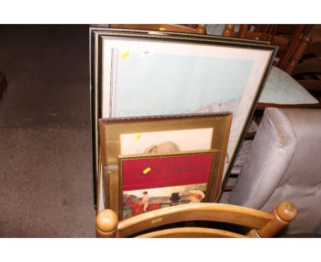 A quantity of various framed maps;  watercolour portrait studies and pictures and prints