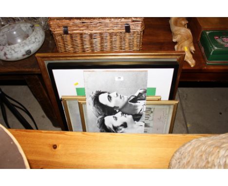 A pair of gilt framed architectural prints; together with a print of The Beatles, a pine framed mirror, and various other dec