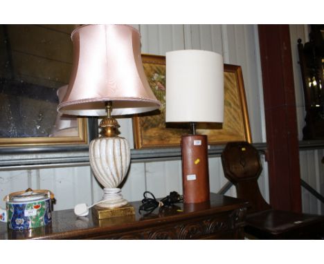 A leather effect table lamp and shade and one other table lamp