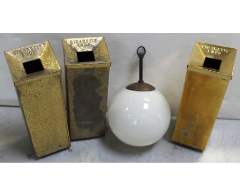 A vintage opaque glass ceiling globe, length 59cm and three vintage brass-effect industrial cigarette bins (4).