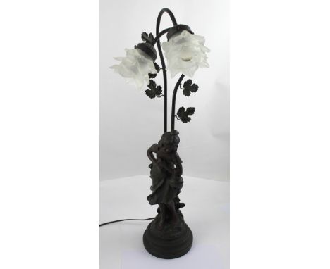 A modern Art Nouveau style figural lamp modelled as a forlorn-looking young lady, below two frosted glass floral lamps, heigh