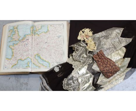 A quantity of early 20th century Oriental bone fish counters, a vintage brown and gold diamanté embellished sari length and H