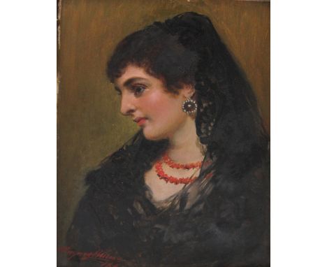 JOHN HAYNES WILLIAMS (British, 1836-1908); oil on board, portrait of a Spanish lady with coral necklace, black lace head scar
