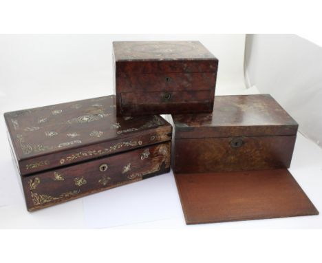 A 19th century mahogany writing slope with foliate, insect and floral mother of pearl inlay, a jewellery box with floral and 