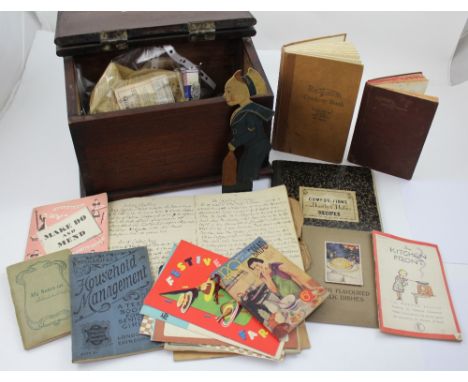 A dovetailed oak box containing WWII vintage first aid and remedies, a small selection of vintage handwritten and early-to-mi