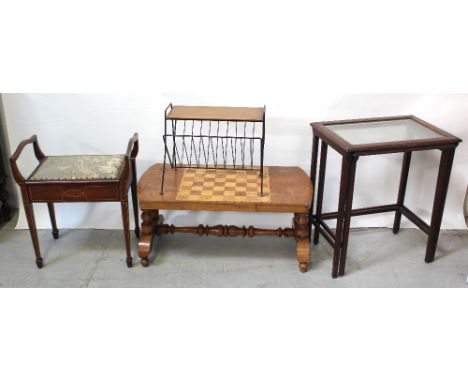 A nest of two mahogany glass-topped tables, an early 20th century walnut games table to baluster supports and cross-stretcher