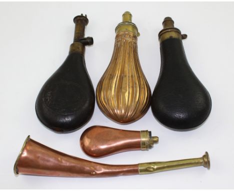 An Edwardian J W Hawksley of Sheffield copper and brass adjustable powder flask, length 20.5cm, two vintage leather examples,